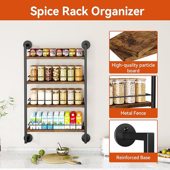 IBUYKE Spice Rack Wall Mount,4 Tier Hanging Seasoning Organizer,Large Spice Rack for Wall for up to 50 Jars,Spice Organization for Kitchen Cabinet,Bathroom,Pantry,Living Room,Brown TLJ016H