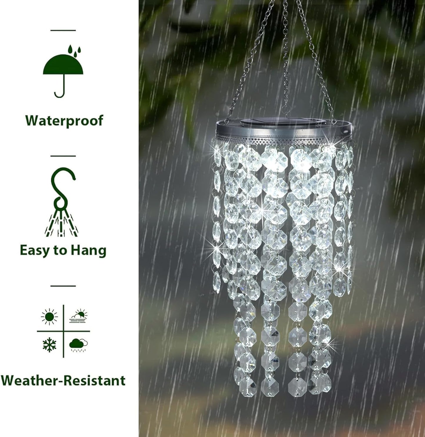 Hanging Solar Lantern Outdoor, 2 Tiers 21” Solar Transparent Acrylic Beaded Chandelier with Cool White LED S Hooks for Garden Yard Patio Gazebo Outside Decor