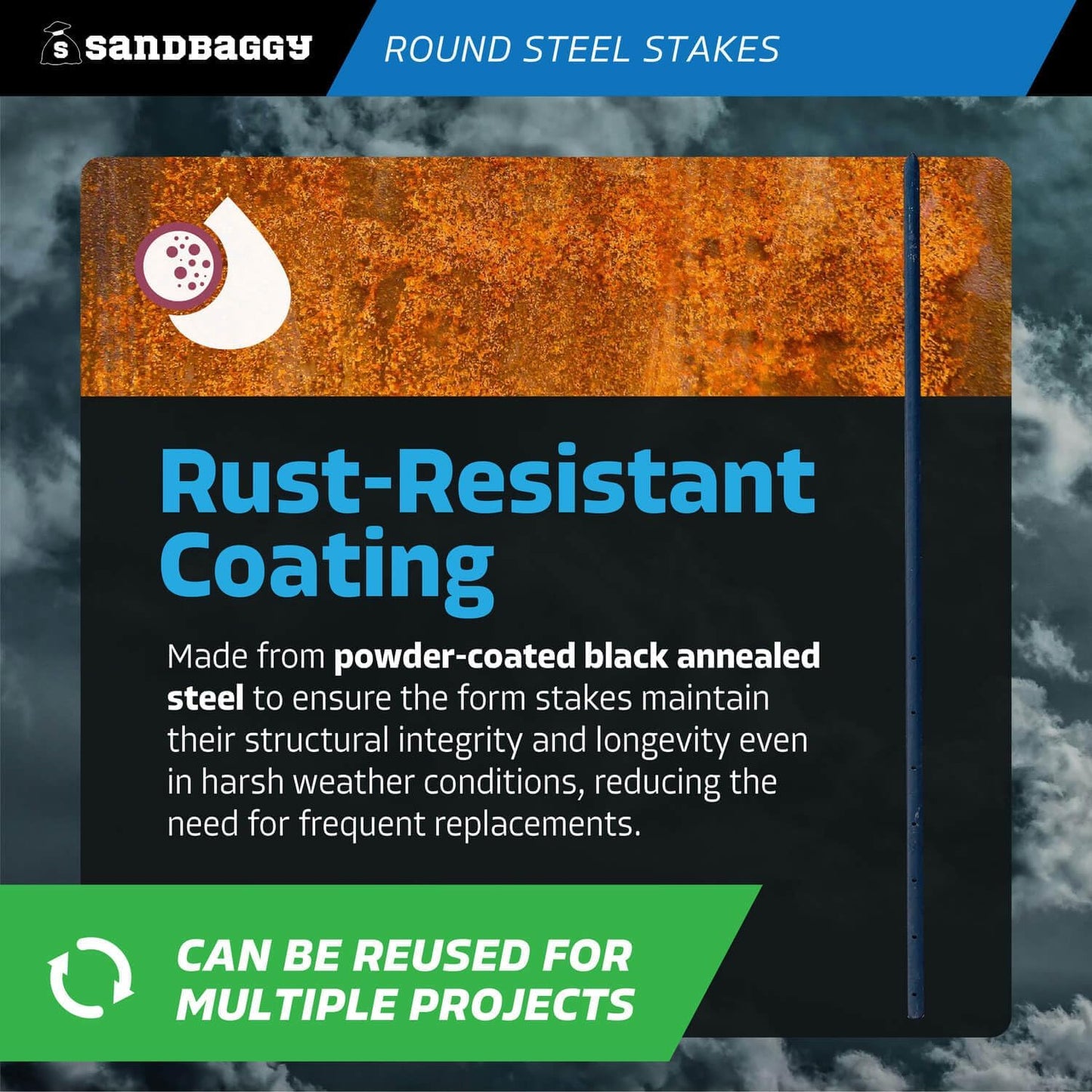 Sandbaggy Round Steel Concrete Form Stakes with Nail Holes - Rust Resistant Coating - Removable, Reusable (100, 3/4 in X 48 in)