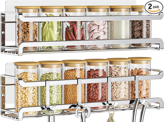 Spice Rack wall mounted 2 Pack, Space-Saving Spice Organizer for Spice Jars and Seasonings,Screw or Adhesive Hanging Spice Rack Organizer for Your Kitchen Cabinet,or Pantry Door,Silver