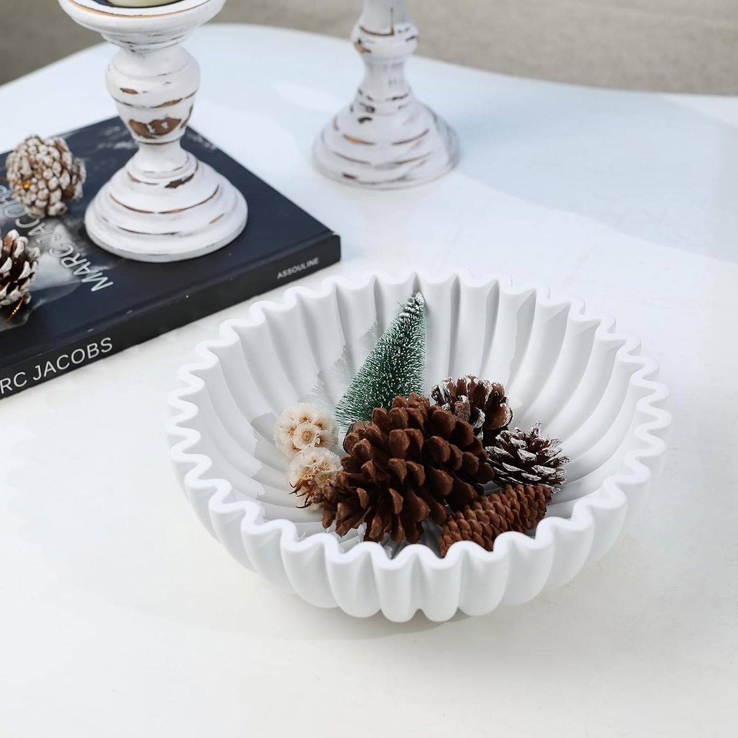 Modern Concrete Decorative Bowl for Kitchen Counter - Large White Fruit Bowl, Key Bowl for Entryway Table, Coffee Table Decor