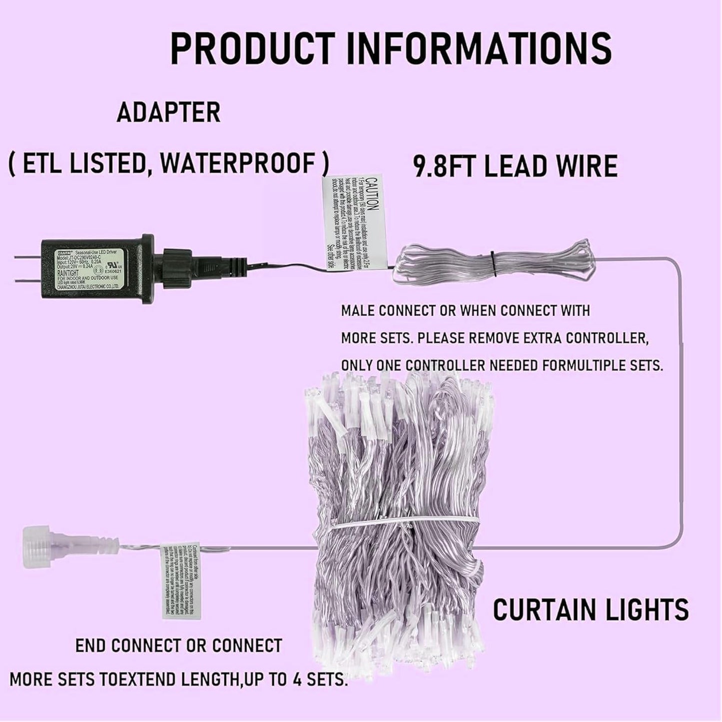 Dazzle Bright 300 LED Curtain String Lights, Halloween Fairy Lights for Bedroom with 8 Lighting Modes, Connectable Waterproof Window Light Party Wedding Garden Wall Decor, Purple