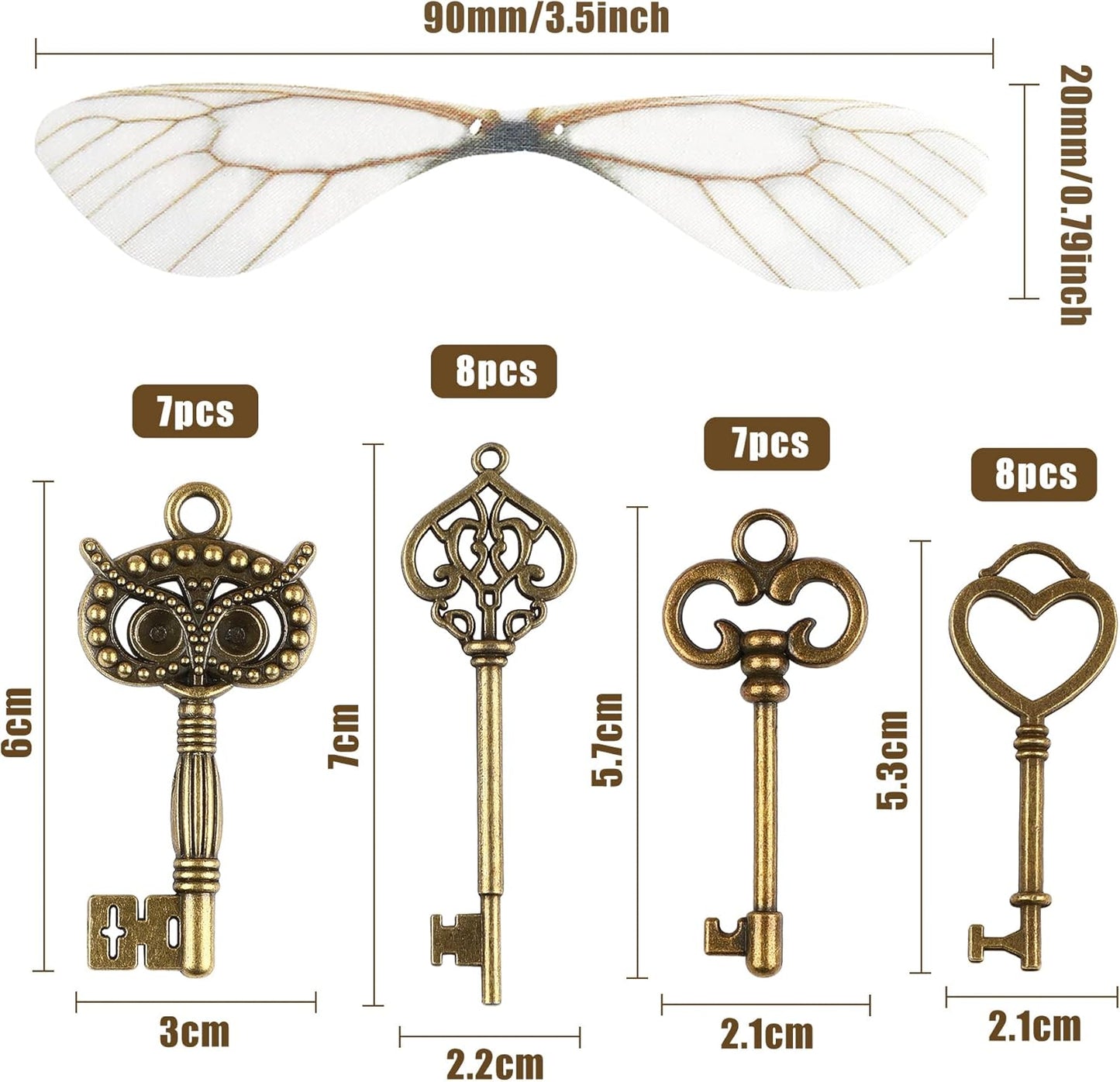 SANNIX 30 PCS Vintage Skeleton Keys Flying Keys with 30 Pairs Dragonfly Wings and 30 Yards Elastic String for Party Decorations