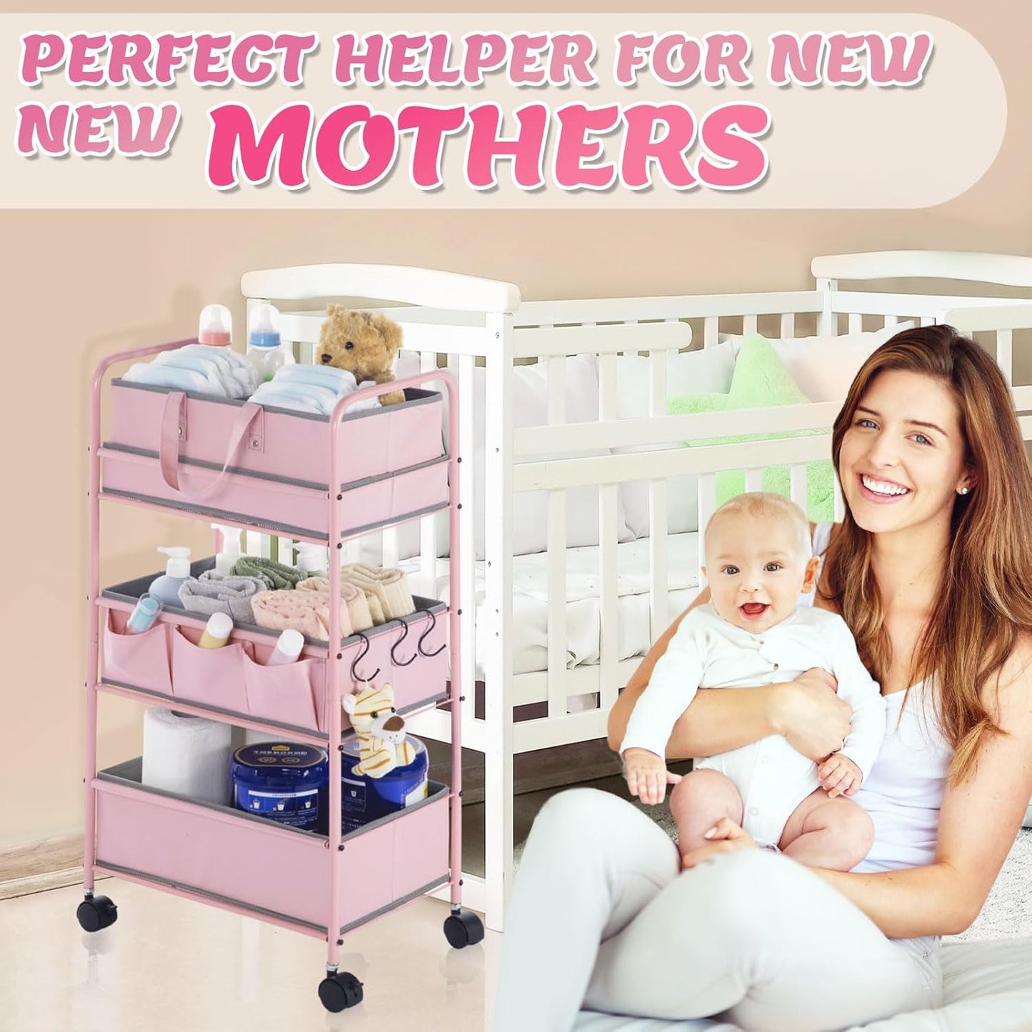 Honeydak 2in1 Baby Diaper Caddy Organizer Cart 3 Tier Large Capacity Metal Utility Bedside Rolling Cart with Divider for Newborn Nursery Essential Must Have for Crib Bedroom Baby Shower(Pink)