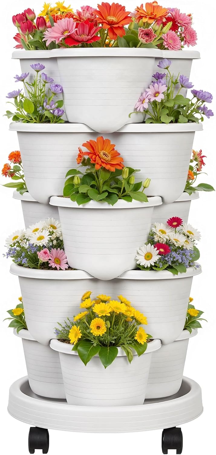 VECELO 5 Tier Vertical Garden Planter, Self Watering Stackable Planters with Wheels for Strawberries, Herbs, Flowers, Vegetables, Gray