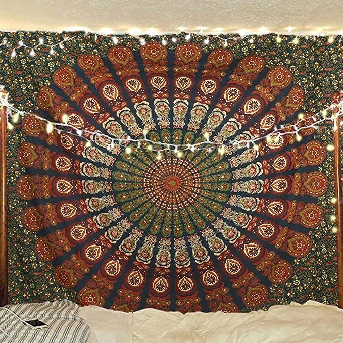 Bless International Handmade Indian hippie Bohemian Psychedelic Peacock Mandala Wall hanging College Dorm Beach Throws Table Cloth Bedding Tapestry (Golden Green, Medium(54x60Inches)(137x152cms))