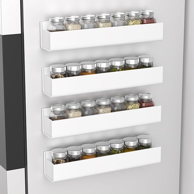 PMMASTO Adhesive Acrylic Spice Rack Organizer for Wall with Nano Double Sided Tape, Spice Shelf Organization for Kitchen Cabinet Door/Pantry Door, Wall Mount Seasoning Rack (White - 4 Pack)