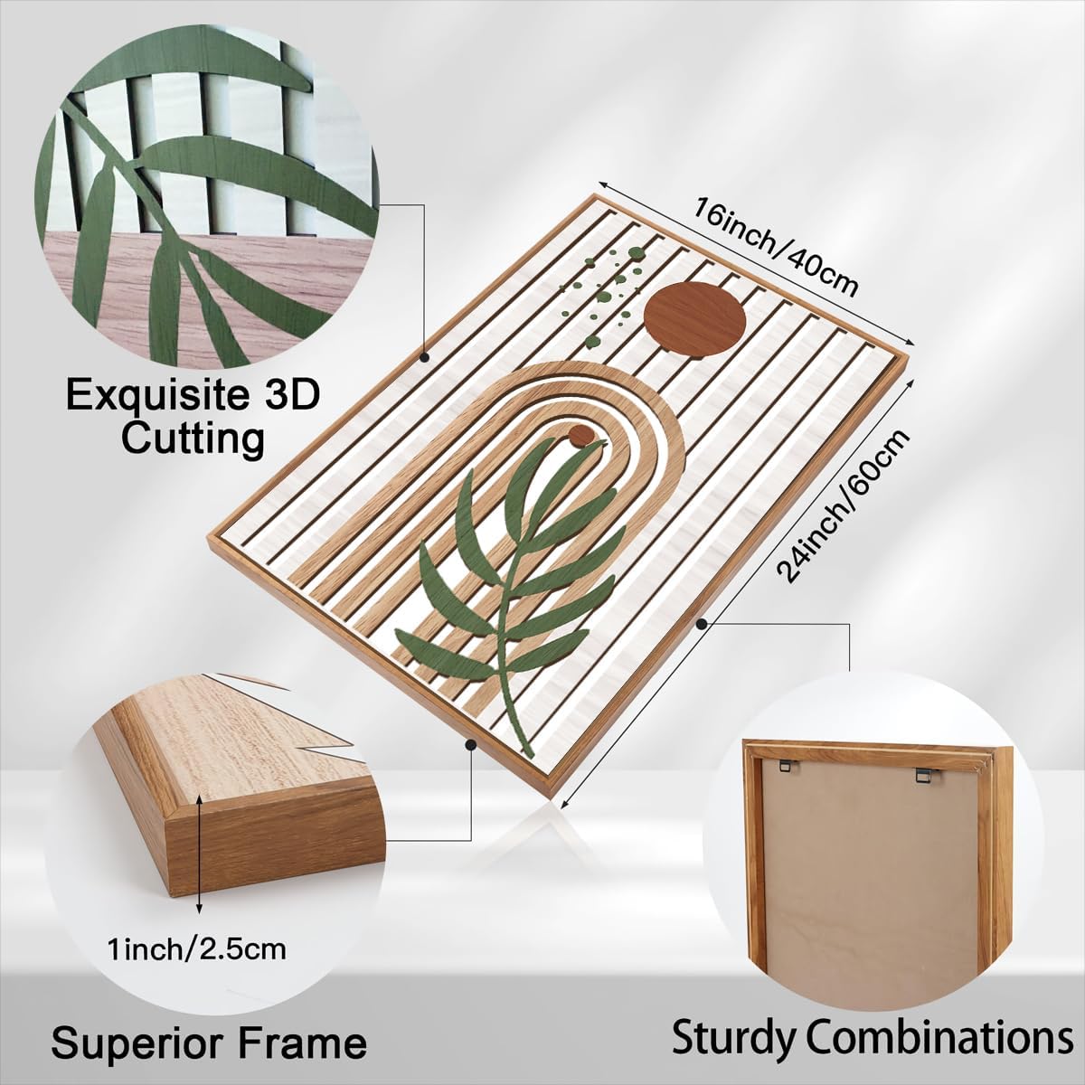 Large Boho Mid Century Wood Wall Art Set Modern Bohemian Wooden Wall Decor Minimalist Leaf Art Decor Abstract Geometric Wall Sculptures for Living Room Bedroom Office-16x24Inchx3