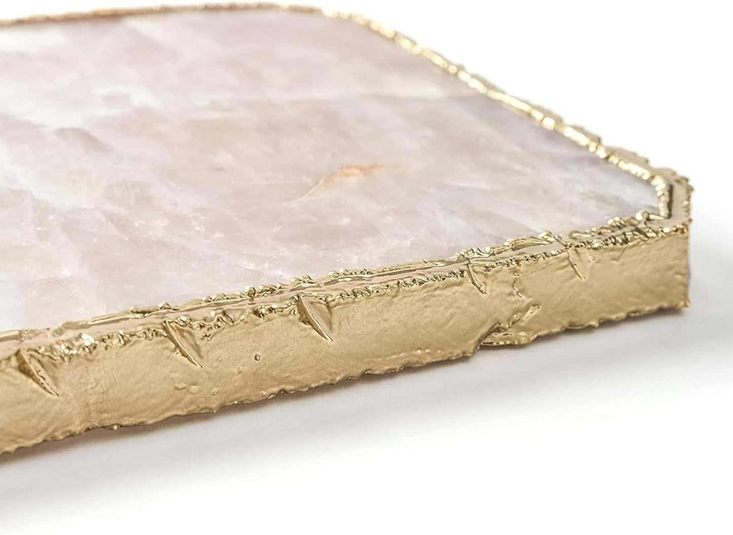 Generic Rose Quartz Cheese Serving Board Platter Tray Gold Plated Edges Decorative Agate Slab for Table Centrepiece Geode Stone Gifts For House Warming, Engagement, Wedding