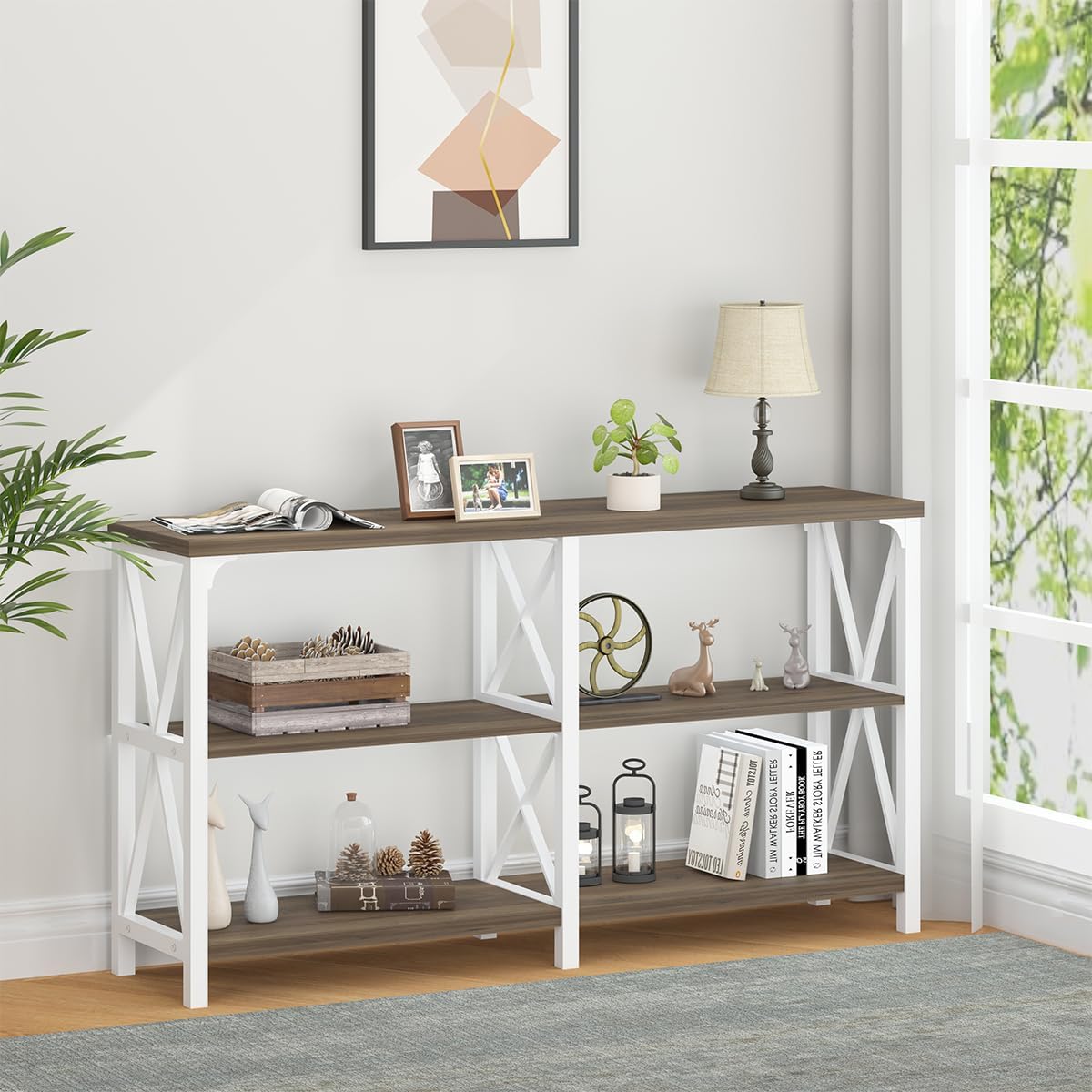 LVB Farmhouse Entryway Table, Industrial Wood Sofa Table with Storage Shelf, Modern Console Tables Behind Couch for Living Room, Wooden Hallway Foyer Table for Front Entry, White Rustic Oak, 55 Inch