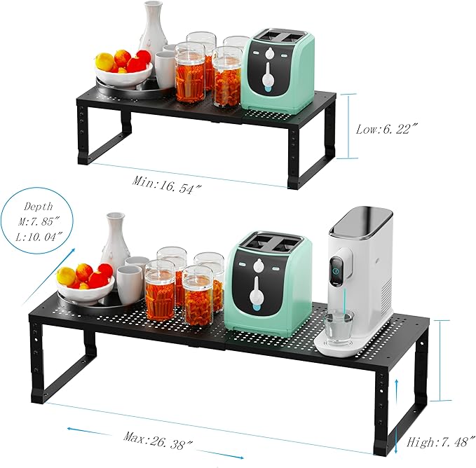 Expandable Spice Rack Kitchen Cabinet Shelf Organizer, Stackable Storage Shelves Racks, Adjustable Counter Shelving for Cabinets, Countertop, Cupboard,Pantry and More(2Packs/Black/Medium)