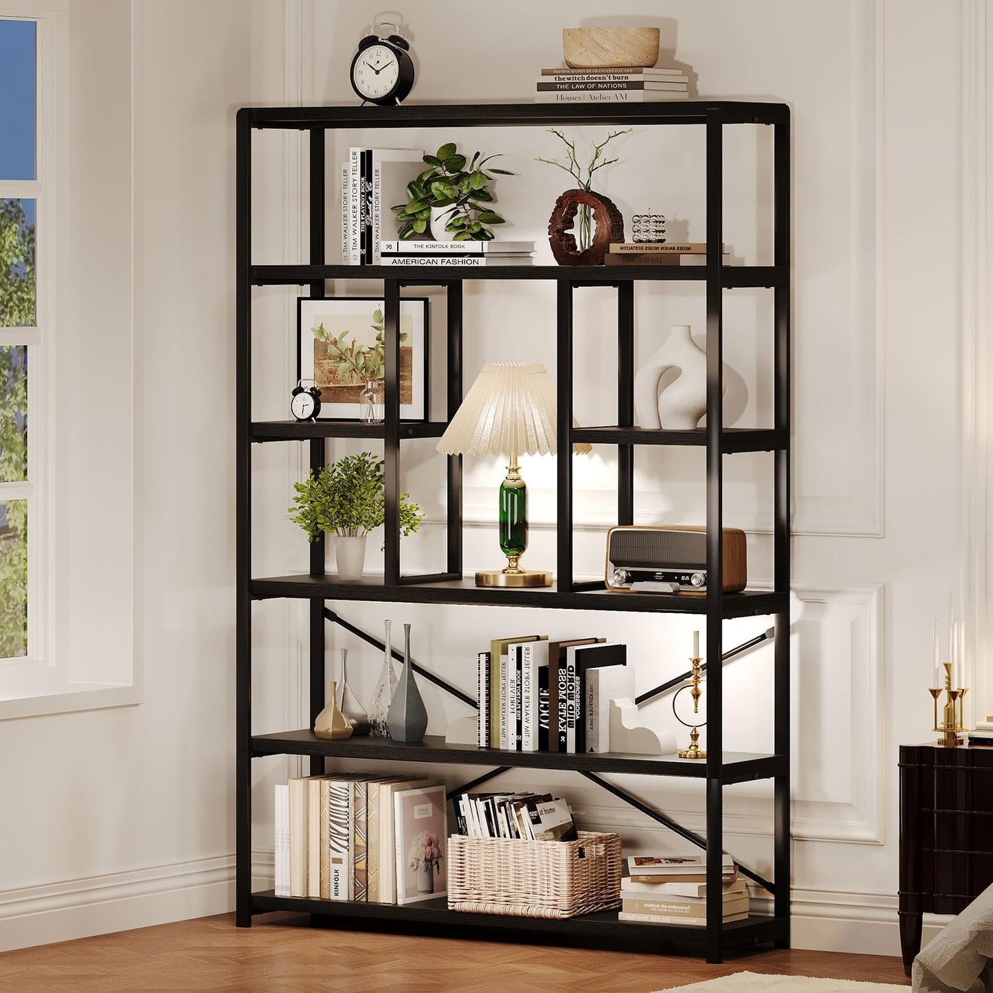 LVB 6 Tier Tall Black Bookshelf, Modern Large Wide Book Rack Storage, Industrial Wood Metal Etagere 6 Shelf Bookcase, Farmhouse Open Display Book Shelf Organizer for Bedroom Living Room Office, Black