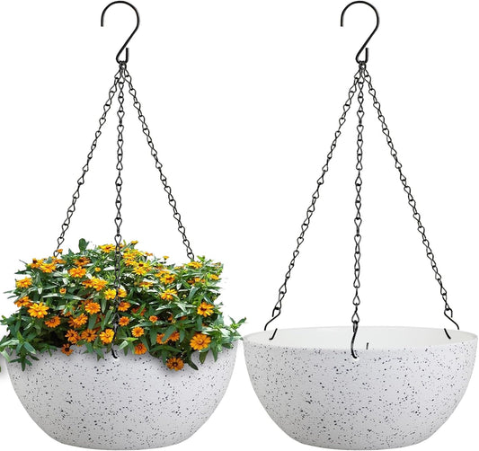 10 inch Hanging Planters for Outdoor Indoor Plants with Drainage Holes and Chain, 2 Pack Round Hanging Flower Plant Pots for Garden Home Porch Decor, Speckled White