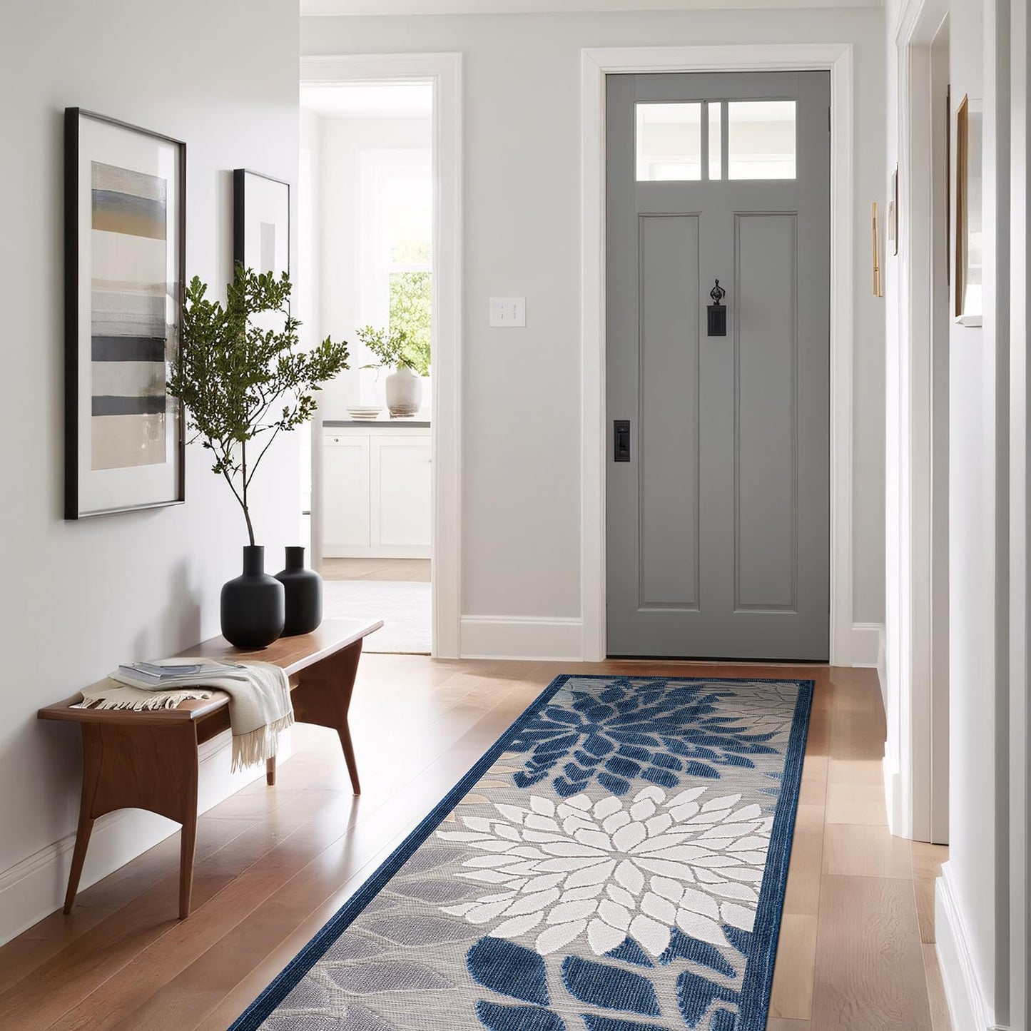 Beverly Rug Outdoor Runner Rug 2x7 Modern Floral Tropical Area Rugs for Indoor and Outdoor Patio Easy to Clean Non Shedding Living Room Porch Garden Washable Outside Carpet (2 x 7 Blue)