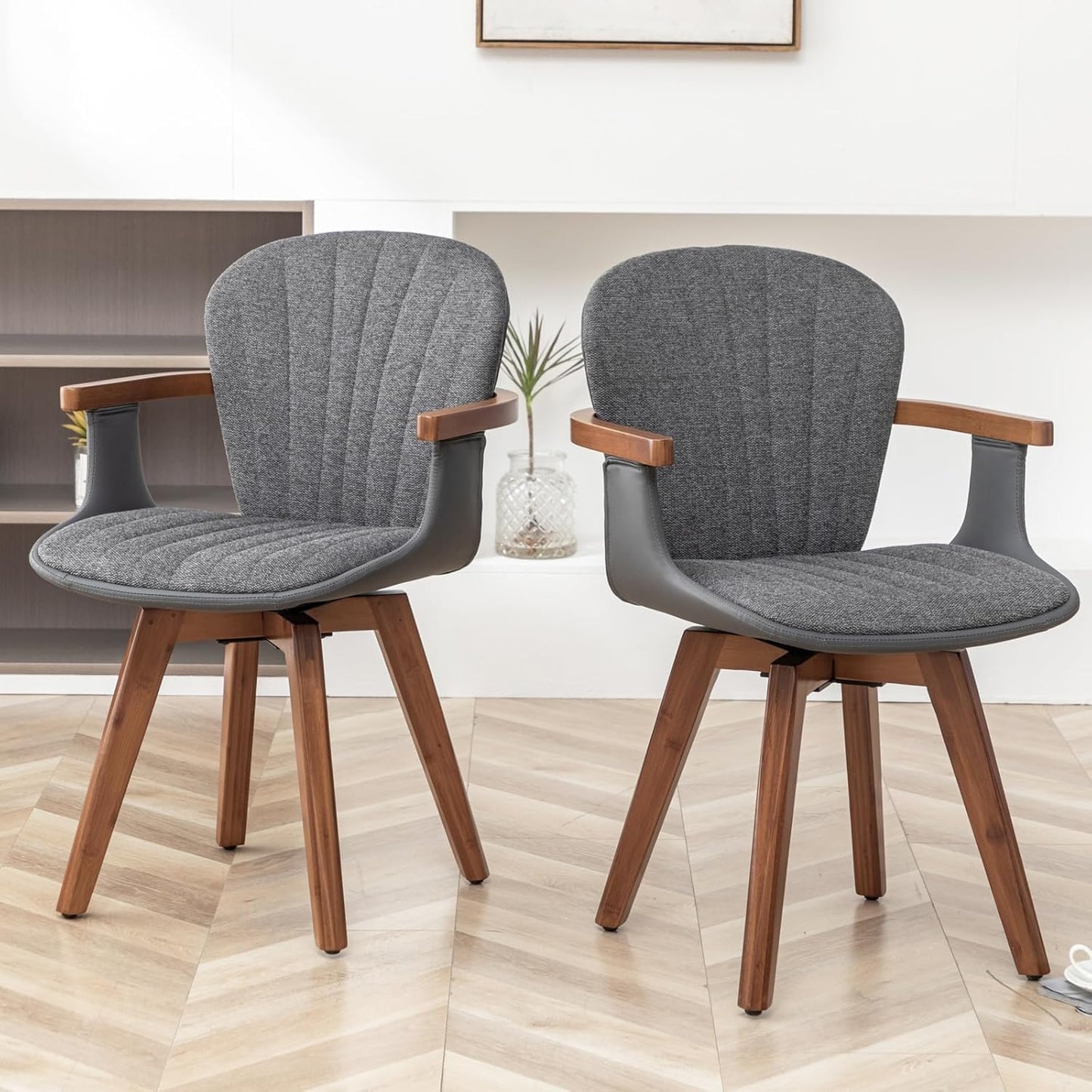 LUNLING Swivel Dining Chairs Set of 4, Mid Century Modern Gray Fabric+Faux Leather Kitchen Chairs with Arms,Bamboo Legs Side Chairs No Wheels,Accent Chair for Dining Rooms and Offices(Gray Fabric)