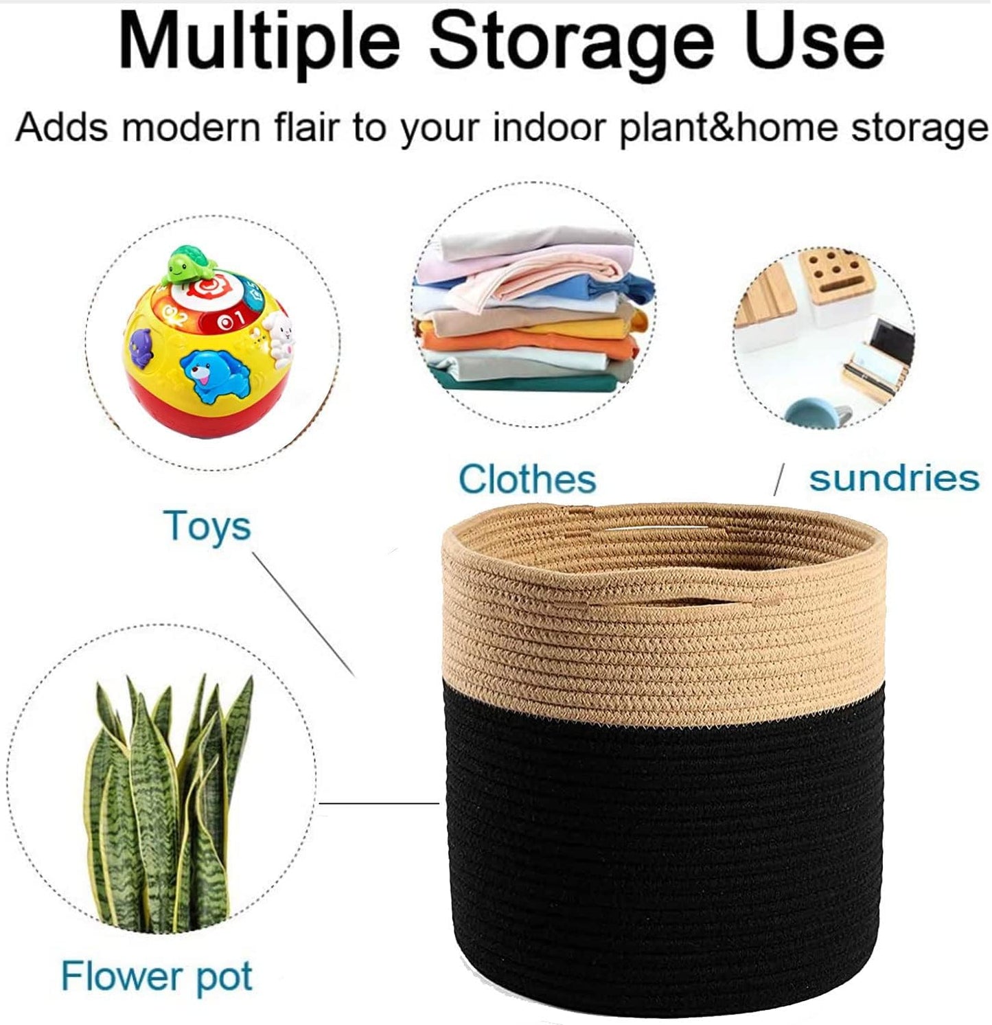 Woven Cotton Rope Plant Basket for 10" Flower Pot Floor Indoor Planters Flower Pot, Home Decor Storage Organizer H11 x W11 Black&Brown