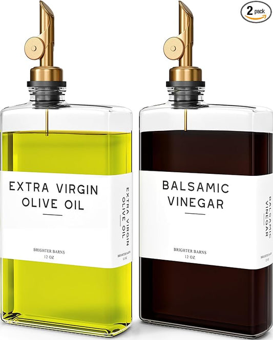 Glass Olive Oil Dispenser Bottle for Kitchen by Brighter Barns - Coffee Syrup Dispenser, Oil and Vinegar Bottle - Modern Kitchen Essentials for Home, Restaurant, Coffee Bar, Airbnb (Clear, Set of 2)