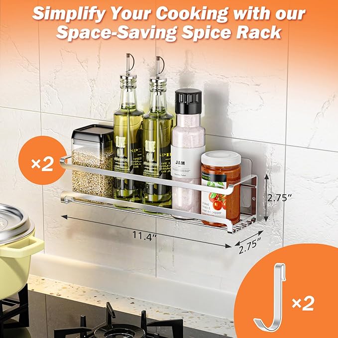 Spice Rack wall mounted 2 Pack, Space-Saving Spice Organizer for Spice Jars and Seasonings,Screw or Adhesive Hanging Spice Rack Organizer for Your Kitchen Cabinet,or Pantry Door,Silver