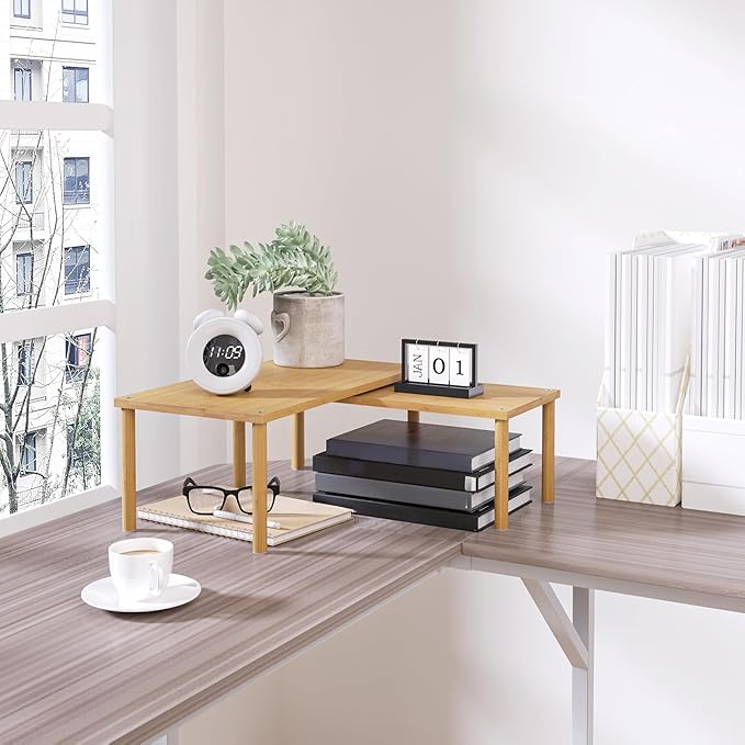 Cabinet Organizer Shelf(Set of 2),Kitchen Counter Shelves,Bamboo Stackable Expandable Spice Rack Countertop(Large)