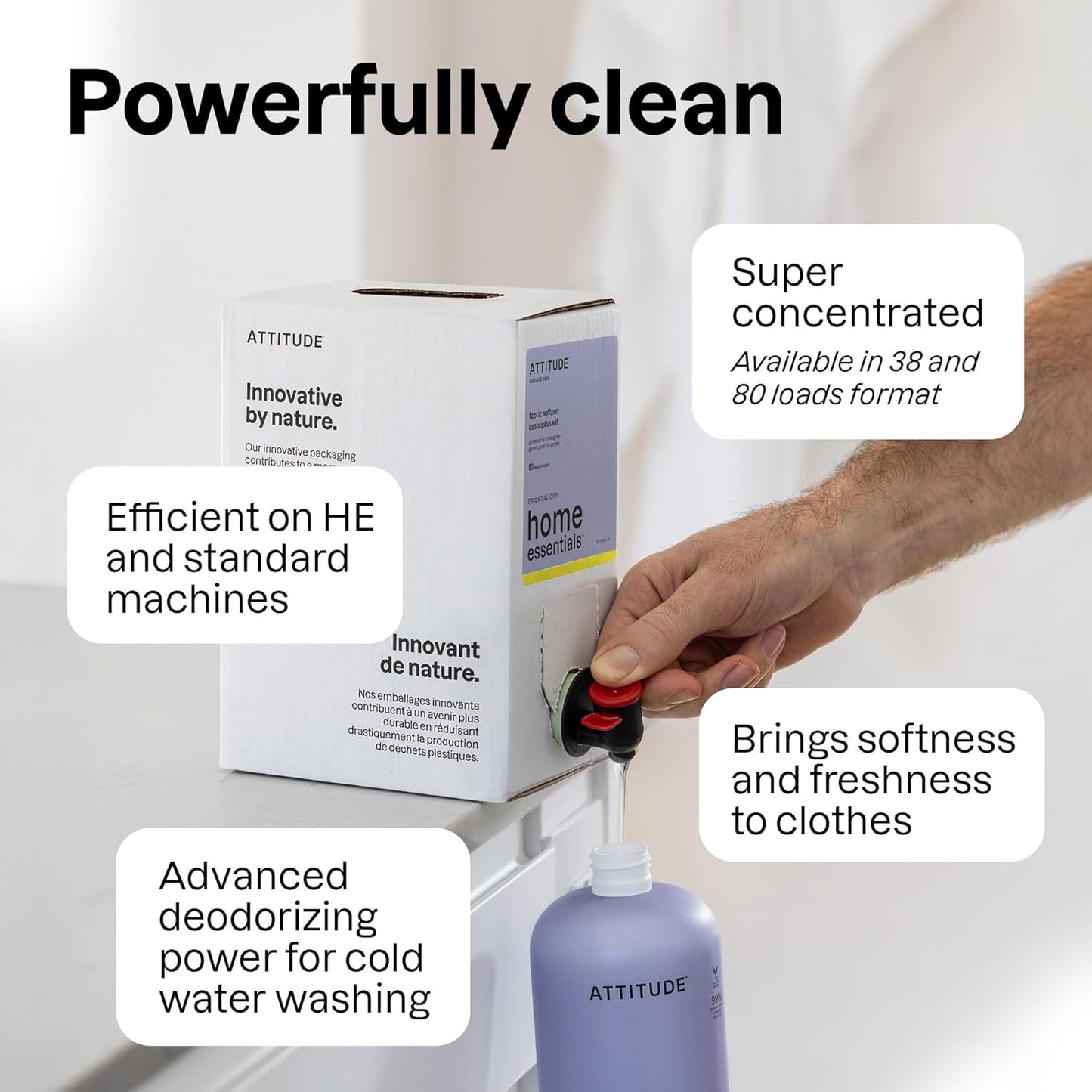 ATTITUDE Liquid Fabric Softener, Natural Origin Ingredients, For White and Colored Clothing, Deodorizes, Gentle on Delicate skin, Infused With Essential Oils, Geranium & Lemongrass, 38 Loads, 32 Fl Oz