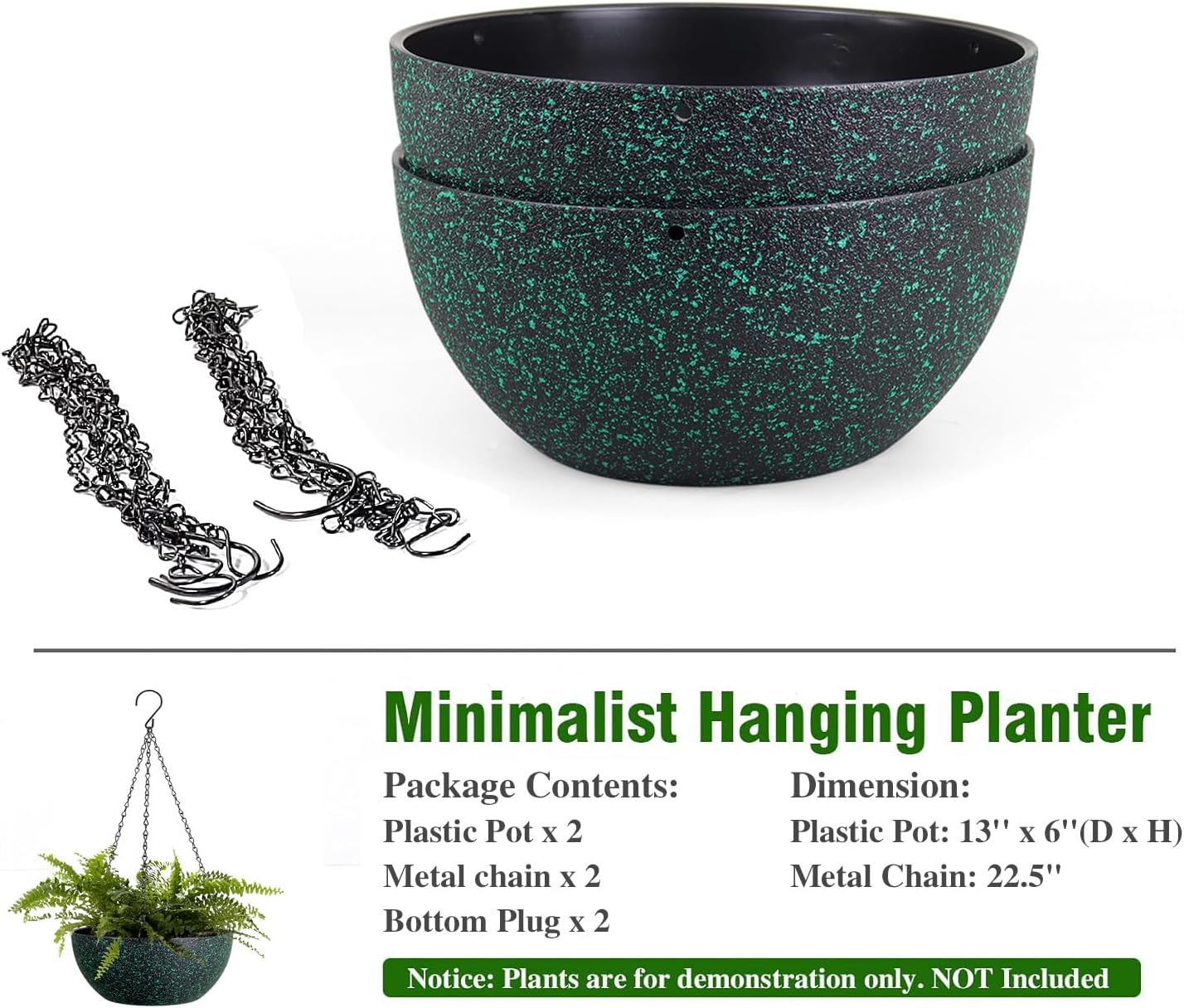 13inch Large Hanging Planters Pots for Outdoor Indoor Plants with Drainage Holes and Chain, 2pack Round Hanging Flower Pots for Garden Home Porch Decor, Black with Green Speckles
