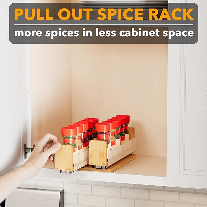 SpaceAid Bamboo Pull Out Spice Rack Organizer for Cabinet, Heavy Duty Slide Out Seasoning Kitchen Pantry Sliding Vertical Organization, 5.1" Wide, 2 Drawers(2" Wide), 1-Tier, Natural