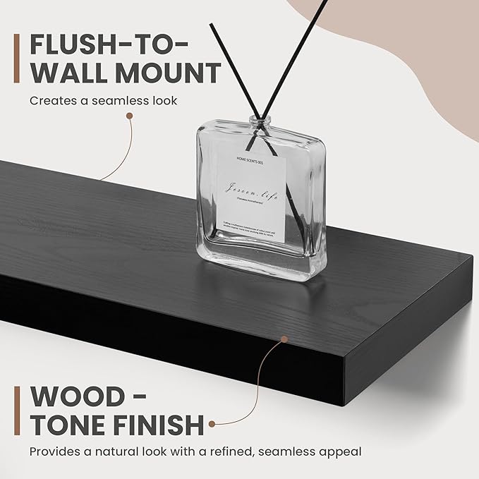 48 Inch Floating Shelves, 8 Inch Deep Floating Shelves for Wall, Hanging Shelf with Invisible Brackets, Deep Shelves for Bathroom, Bedroom, Living Room, Black, Set of 1