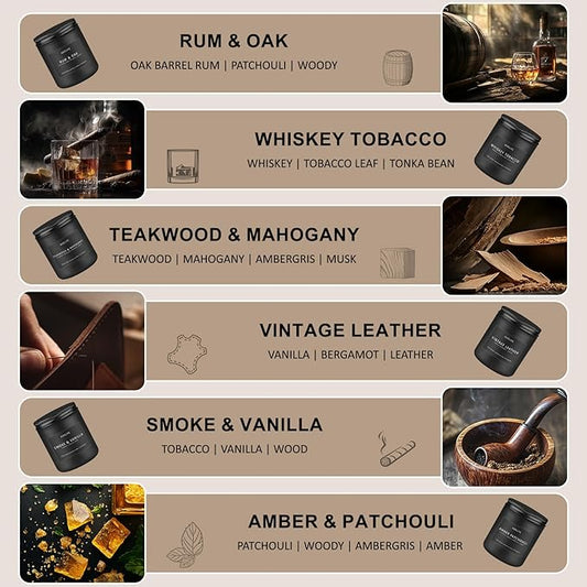 Scented Candles Set | Gifts for Men - 6Pack Candle Set - Masculine Candle, Soy Candles for Home Scented, Aromatherapy Gift - Fragrance of Smoke Vanilla/Leather/Mahogany/Tobacco/Oak/Amber Patchouli