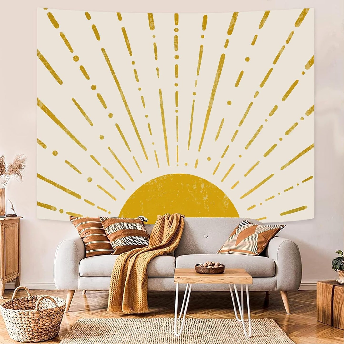 Kanuyee Gold Boho Burning Sun Tapestry Wall Hanging, Retro 70s Abstract Vintage Geometric Line Sunrise Tapestries for Bedroom Living Room Backdrop 44×60 inch