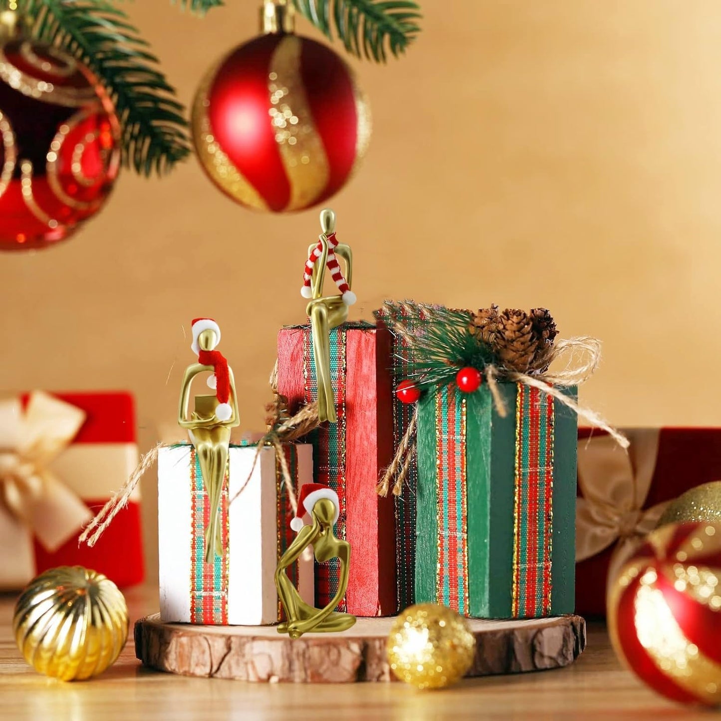 Christmas Gold Home Decor Thinker Statue Accents, 2025 Xmas Thinker Sculptures Office Decor Modern Abstract Decoration on Shelf Table Desk for Living Room Office Bedroom Comes with Christmas Hats