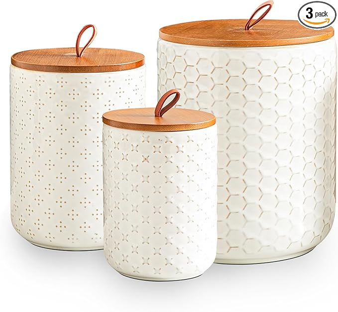 JOJUNO White Ceramic Canister Set with Wooden Lids – 3-Piece Airtight Food Storage Jars for Kitchen, Embossed Design, Small/Medium/Large Sizes (30/48/82 oz) – Flour, Sugar, Coffee, Tea Containers