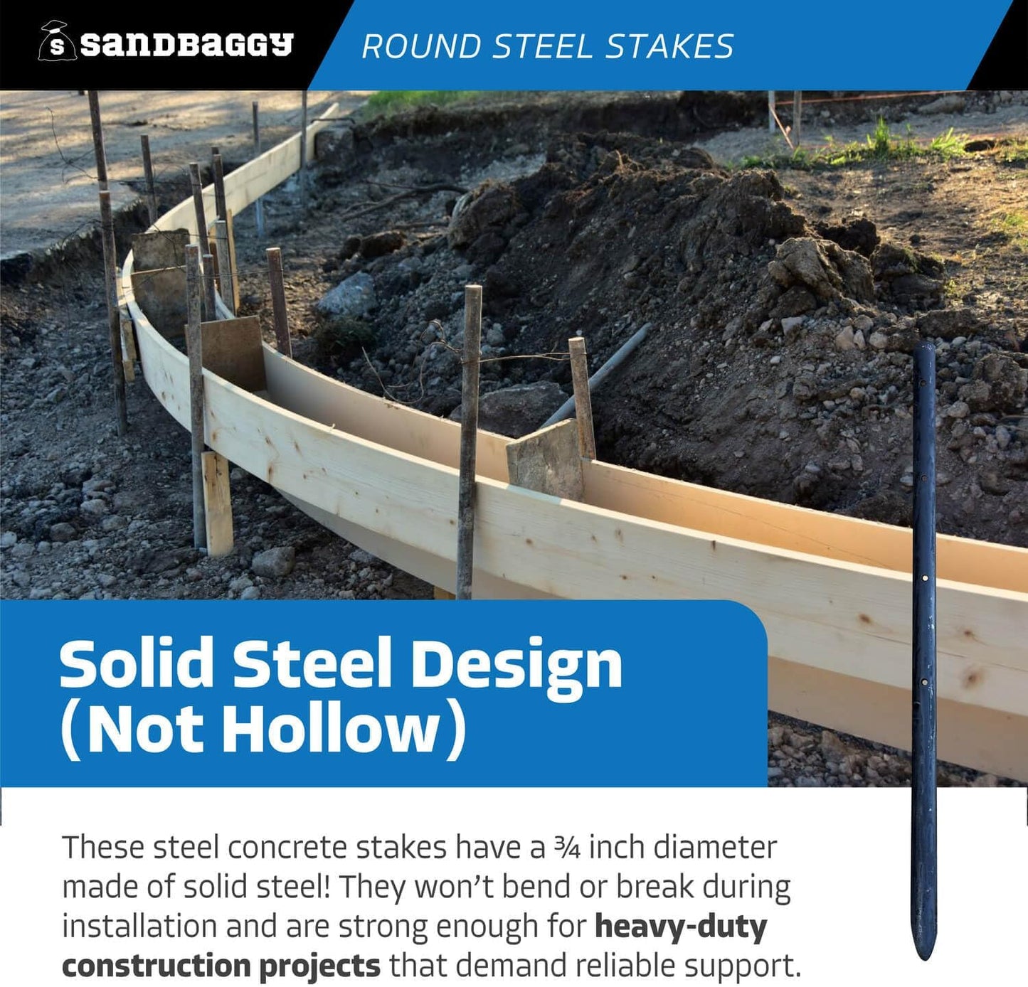 Sandbaggy Round Steel Concrete Form Stakes with Nail Holes - Rust Resistant Coating - Removable, Reusable (100, 3/4 in X 18 in)