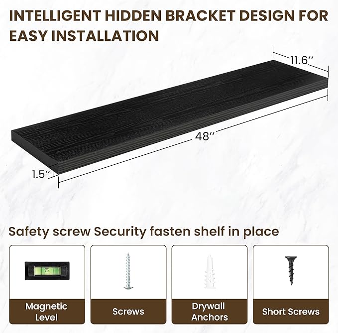 48 Inch Floating Shelves, 11.6 Inch Deep Floating Shelves for Wall, Floating Shelf with Invisible Brackets, Deep Shelves for Bathroom, Bedroom, Living Room, 1 Pack, Black