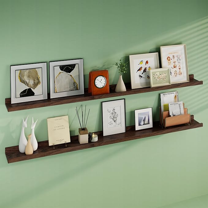 Floating Picture Ledge Shelves 72 Inch Solid Oak Wood Set of 2, Rustic Wall Storage Shelves with Lip, Kids Bookshelf, Photo & Picture Ledge Shelves for Bedroom, Living Room, Kitchen