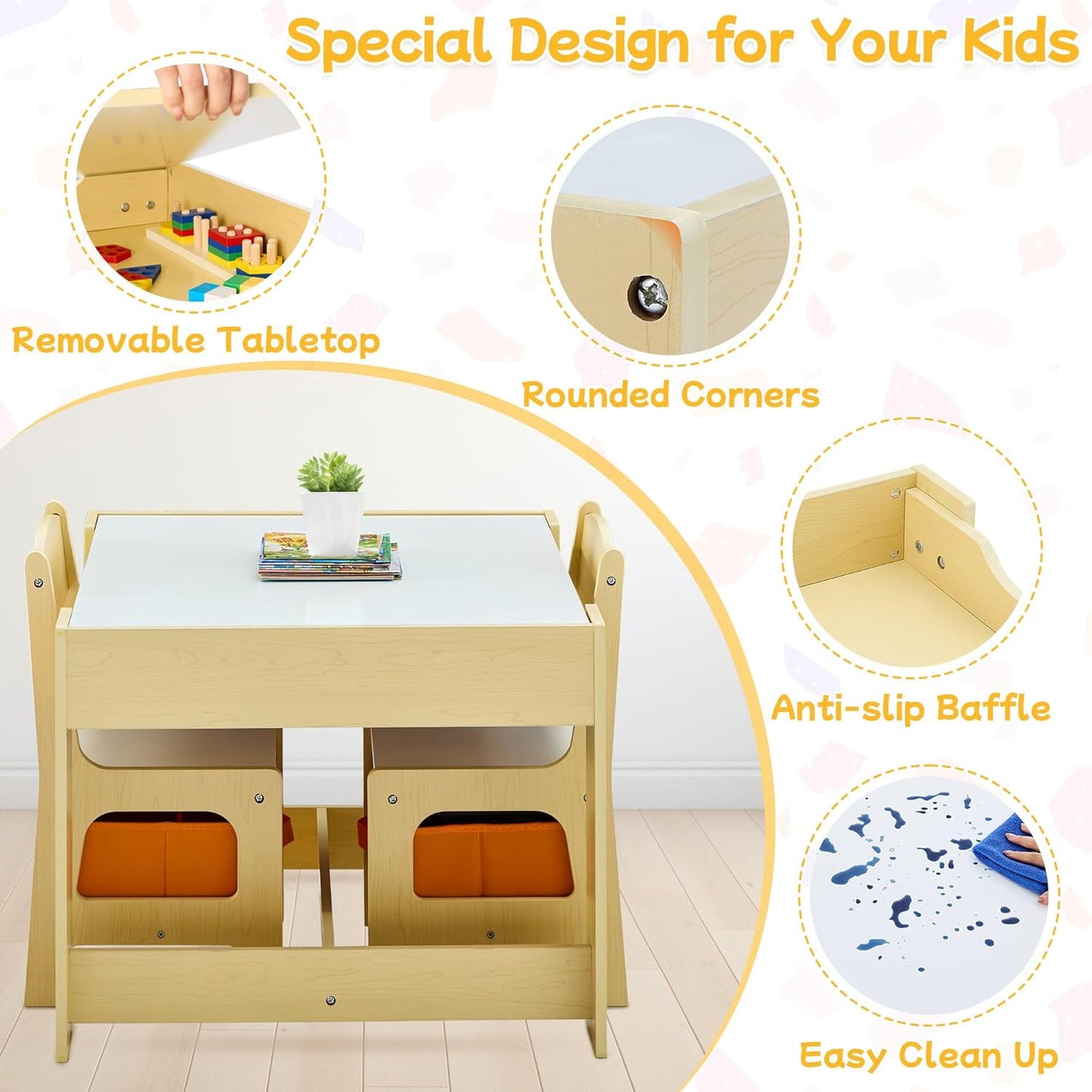 Kids Table and Chair Set, 3 in 1 Wooden Activity Table with Detachable Tabletop, Toddler Table and Chair Set with Storage Drawer, Kids Play Table for Children Art, Craft, Eating, Learning