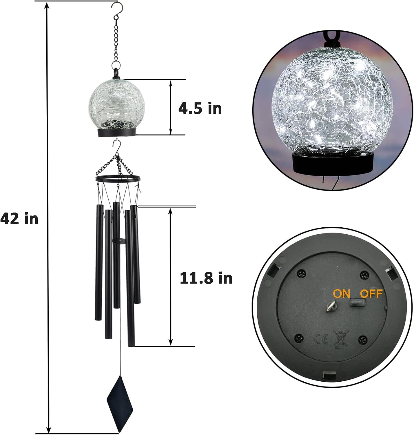 Garden Wind Chimes Outdoor, Solar Hanging Glass Ball Wind Chimes with 15 Cool White LEDs 42 Inch Large with Unique Memorial Sympathy Wind Chime Outside Garden Decor as a Gift for Patio, Porch, Balcony