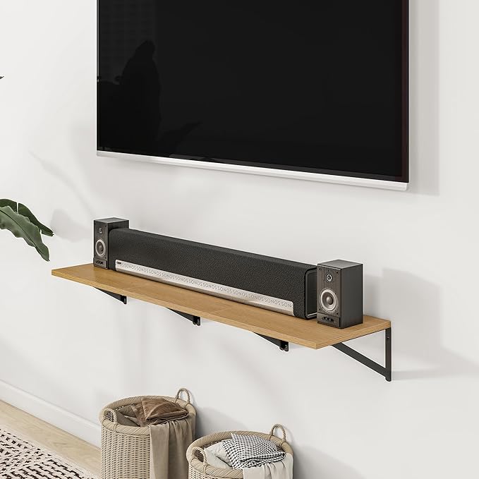 Heimlove Deep Floating Shelves for Wall, 12 Inch Deep Floating Shelves Set of 3, 16W x 12D Wood Wall Shelves, Wide Wood Shelves with Metal Bracket for Living Room, Kitchen, Office, Bedroom - Oak