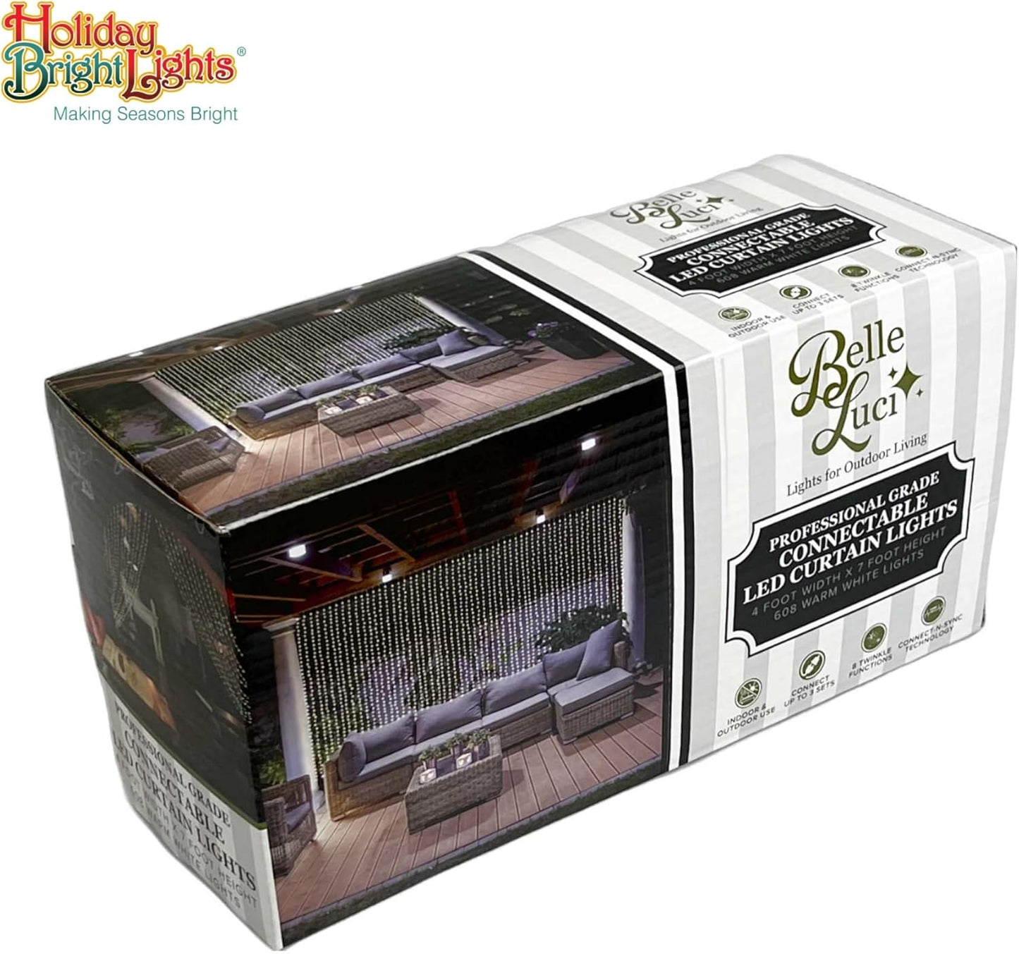 Belle Luci 608-Bulb Warm White Connectable LED Curtain Lights Outdoor Porch Decor 4'X7'