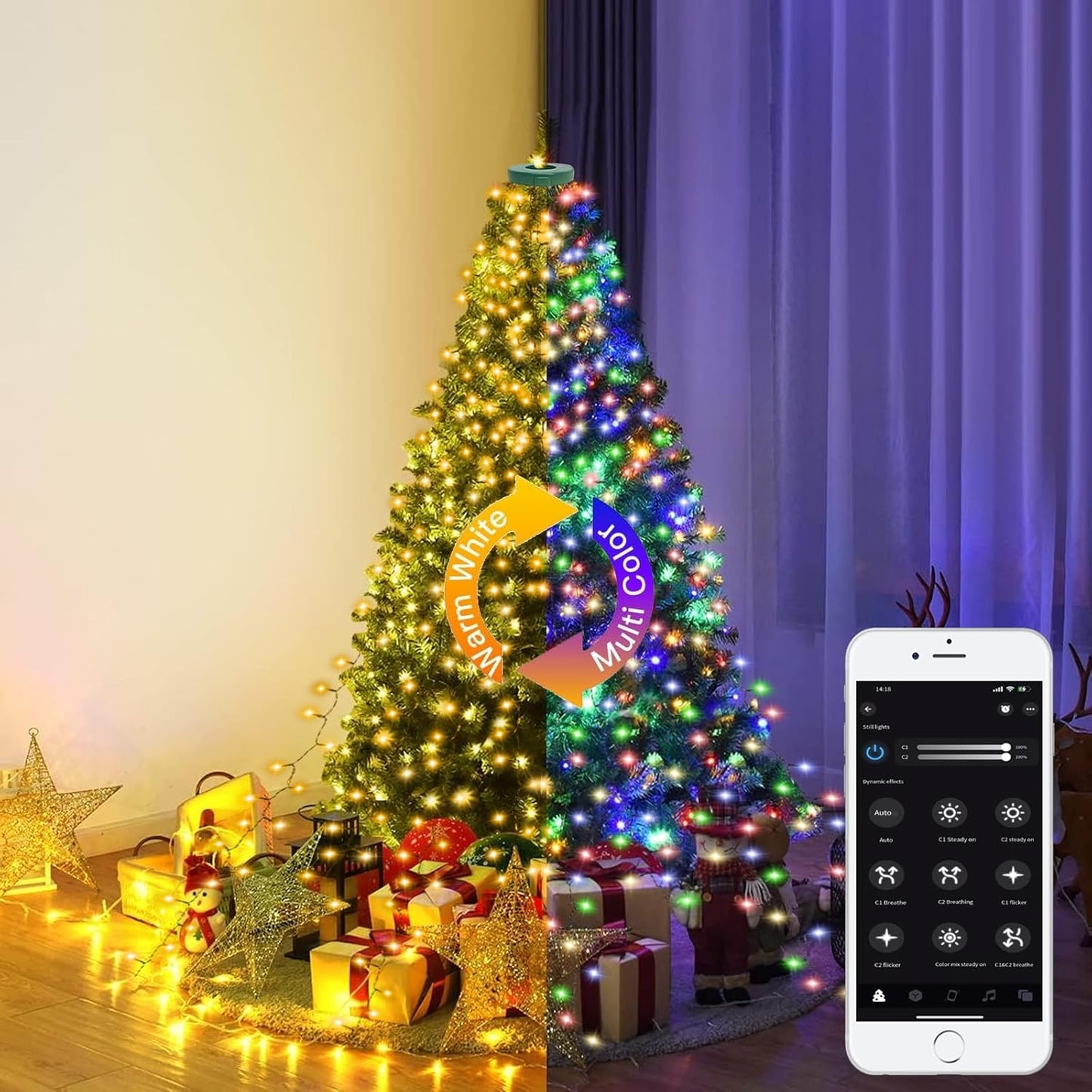 Smart Christmas Tree Lights with Ring, APP Control Music Sync 6.56Ft x 16 Lines String 400 LED Indoor Outdoor with DIY scenarios 17 Modes Multicolor Timing for Christmas Tree Decorations
