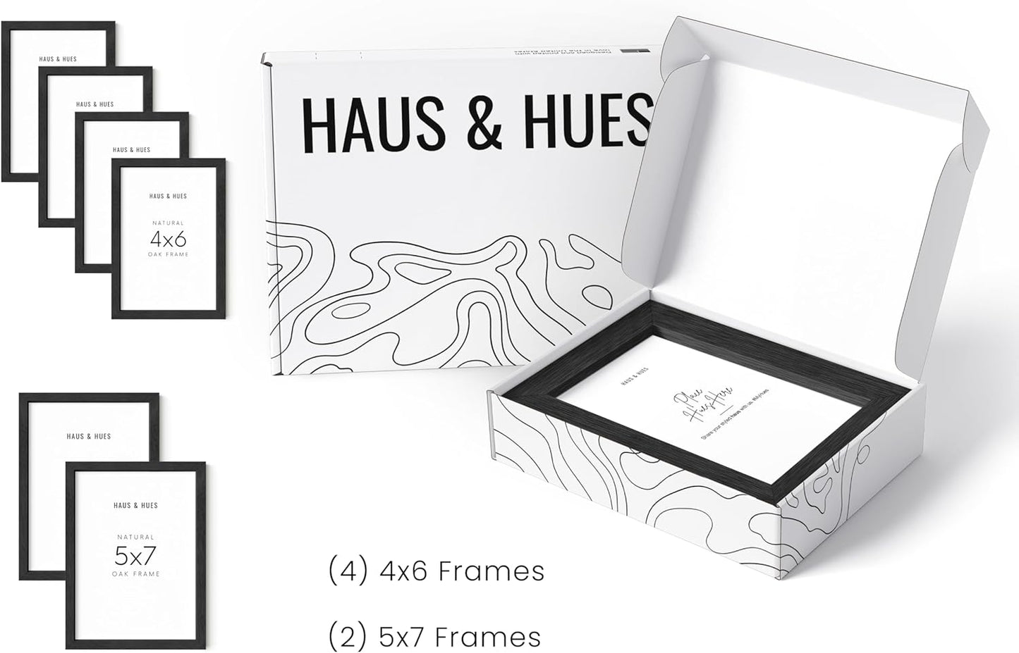 HAUS AND HUES Black Oak Wood Gallery Wall Tabletop Frames Made with Real American Oak and Shatter-free Plexiglass - Set of 6 (Four 4x6, Two 5x7, Framed Black)