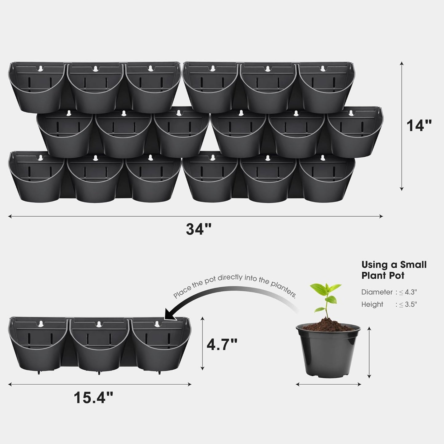 Worth Garden Upgraded 6 Sets (18 Pockets) Self Watering Stackable Vertical Planters - Wall Mounted Plastic Plant Grow Pots fr Strawberries Flowers Herbs - Indoor Outdoor Green Wall Decoration (Black)