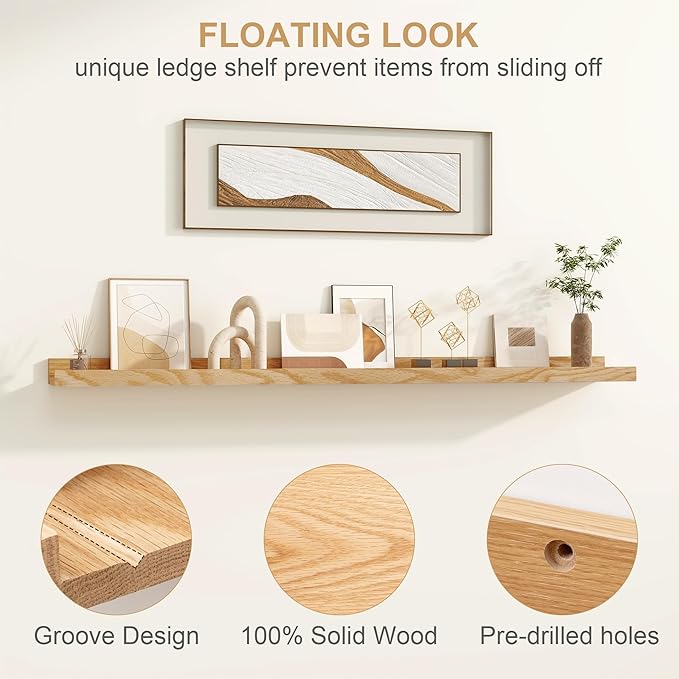 Floating Picture Ledge Shelves 55 Inch Solid Oak Wood Set of 2, Rustic Wall Storage Shelves with Lip, Kids Bookshelf, Photo & Picture Ledge Shelves for Bedroom, Living Room, Kitchen