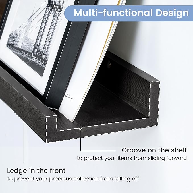 Picture Ledge Shelf, Floating Shelves Set of 2, Solid Pine Wood 72'' Long Large Nursery Book Shelves for Toys Storage, Kids Bookshelf for Living Room Bedroom Decor Books Photo Frames, Black