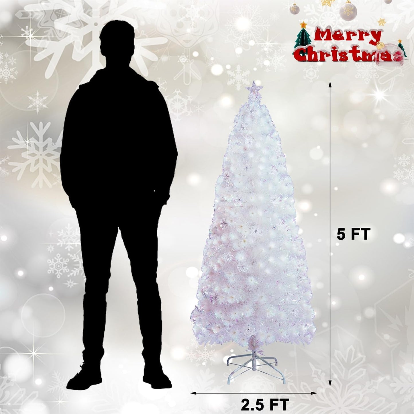 Juegoal 5ft Pre-Lit Artificial Christmas Tree, Lighted Optical Fiber Xmas Trees with Color Changing LED Lights, Snowflakes & Top Star, Party Home Holiday Fake Multicolored Tree with Metal Legs, White