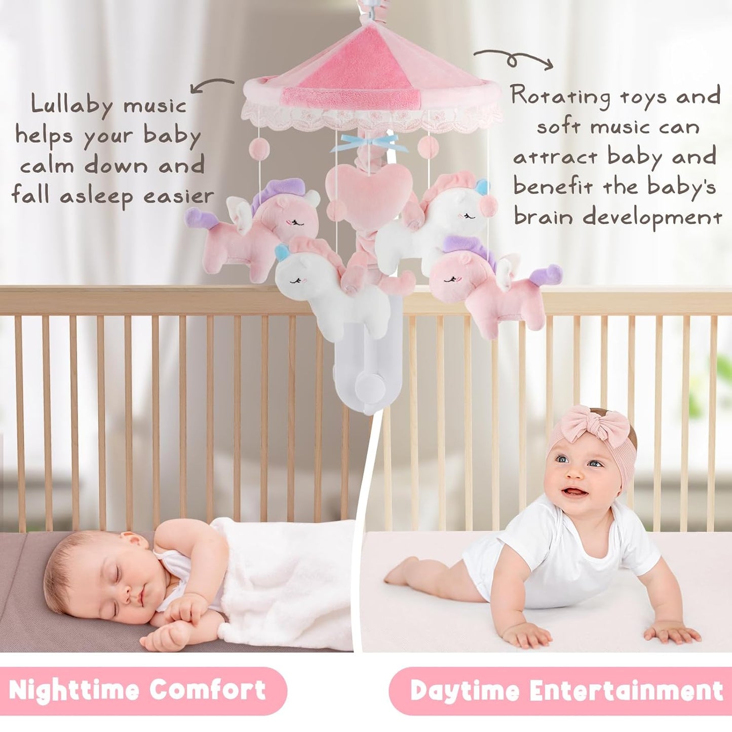 Unicorn Musical Crib Mobile for Girls - Baby Mobile for Crib with 12 Lullabies, Soft Pink Baby Crib Mobile, Nursery Mobiles, Fits Standard Cribs