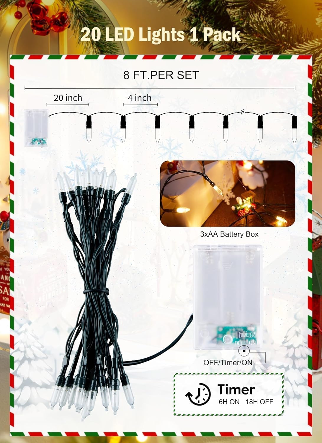 Battery Operated Christmas String Lights, 8ft 20 LED Mini Lights with Timer, Christmas Tree Lights for Indoor Outdoor Bedroom Wedding Party Holiday Xmas Decoration，Warm White