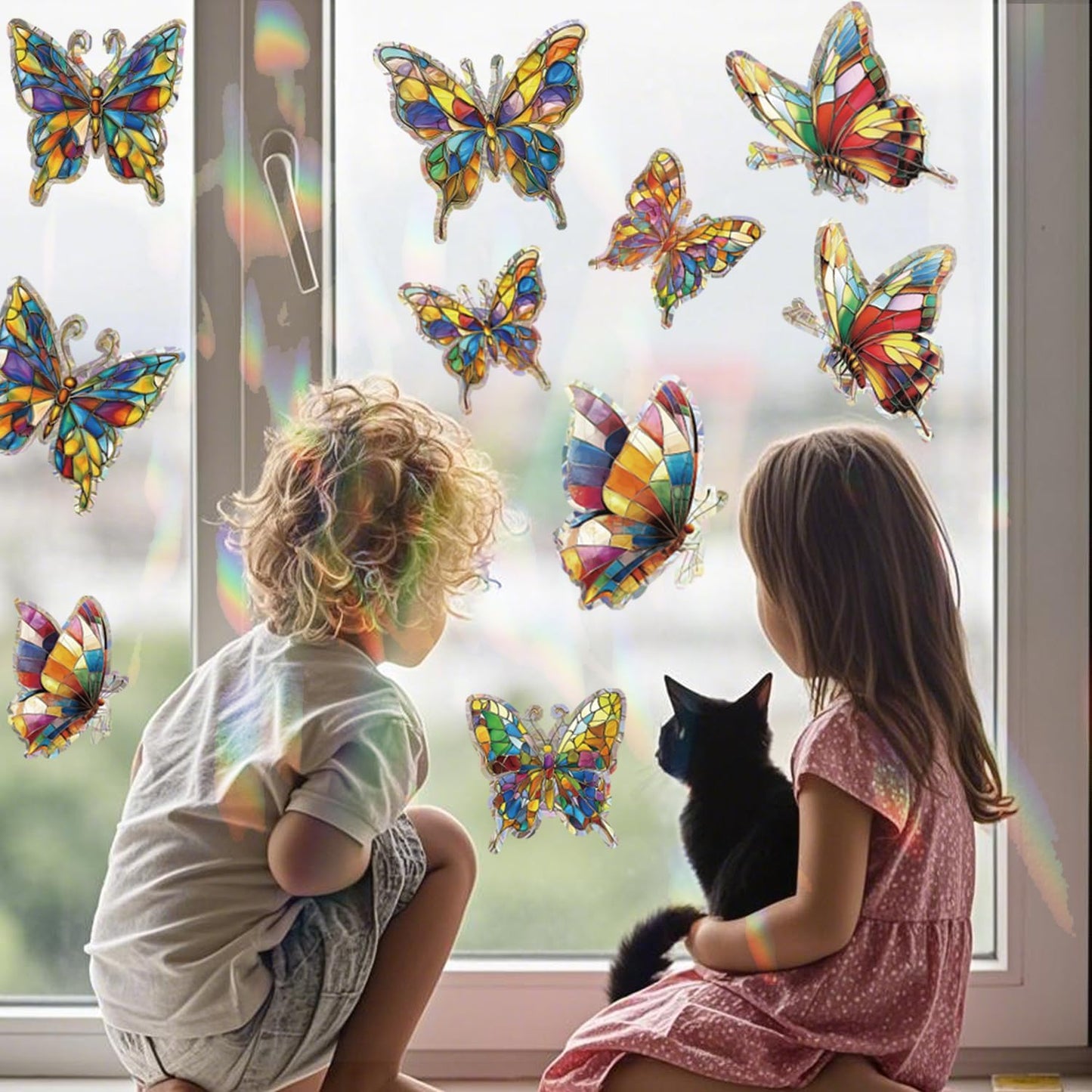 20pcs Window Decals for Bird Strikes, Anti Collision Window Clings, Rainbow Reflection Window Sticker, Butterfly Style Sun Catcher Stickers for Glass Windows