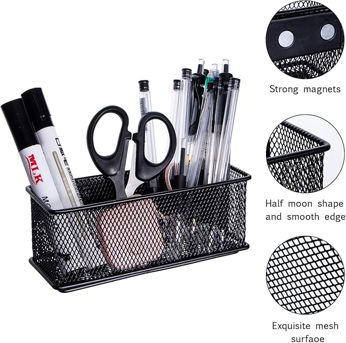 dedoot Magnetic Pencil Holder, Black Mesh Pen Organizer Strong Magnetic Storage Basket Organizes Pens, Pencils, Markers for Whiteboard, Locker, Fridge, Cubicle Desk, Offices 6.3x2.3x2.6inch,2 Pack