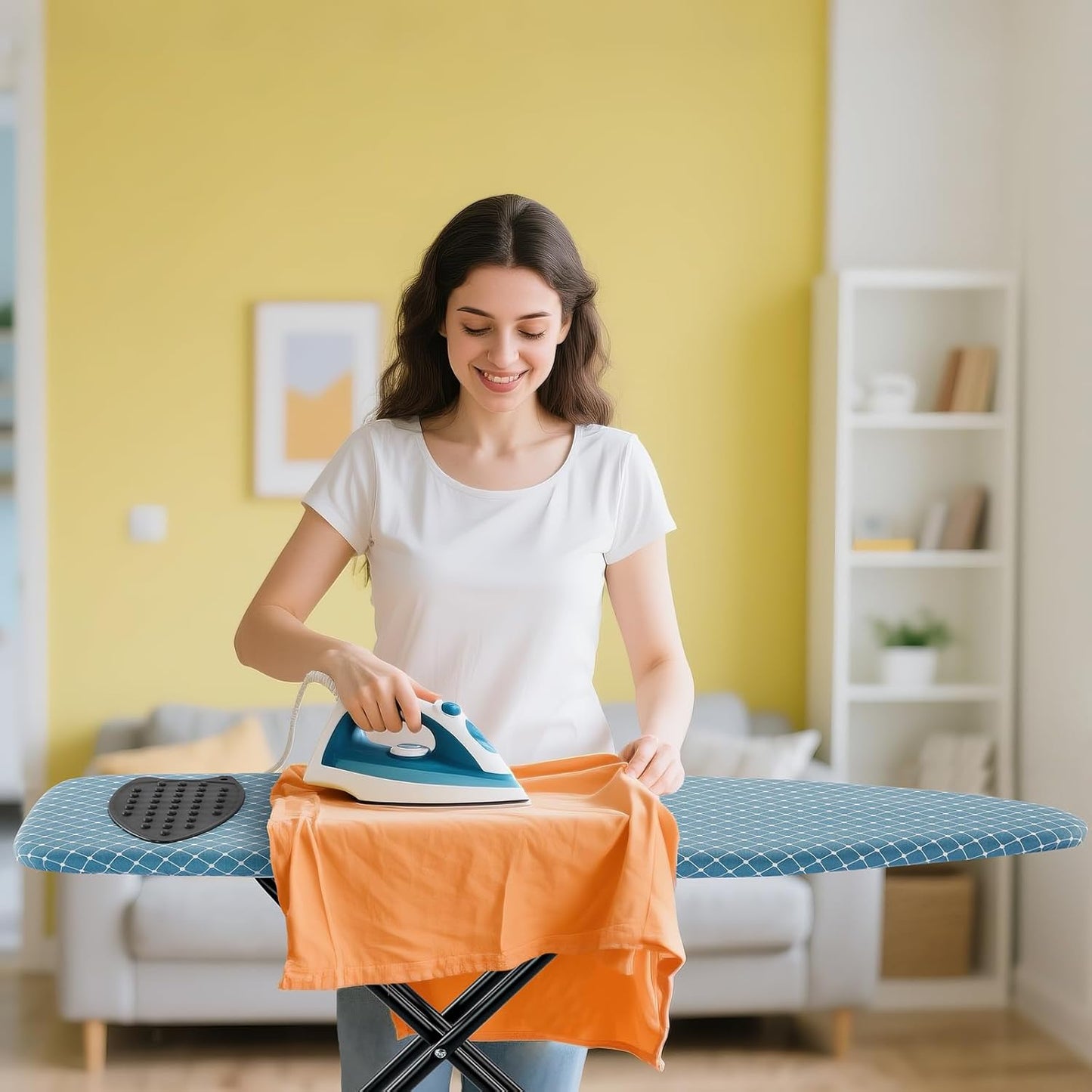 Compact Ironing Board 13 x 43, Iron Board with Heat Resistant Surface, Adjustable Height, Space Saving Table with Hook & Iron Rest for Home & Laundry Room, Diagonal Checkered Blue