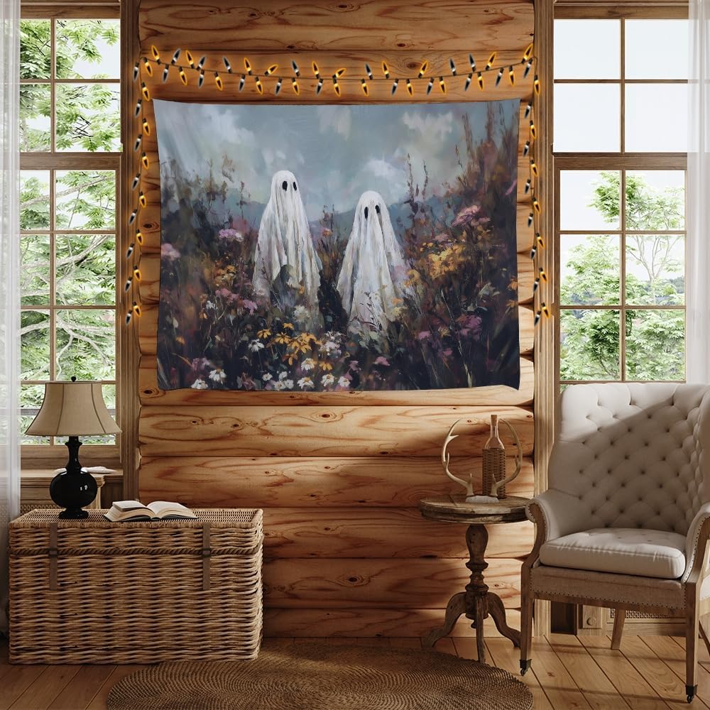 Halloween Ghosts in Wildflowers Tapestry Wall Hanging Spooky Cute Ghost Floral Tapestries Victoria Moody Artwork Aesthetic Print for Goth Living Room Bedroom wall Decor 50x60inch